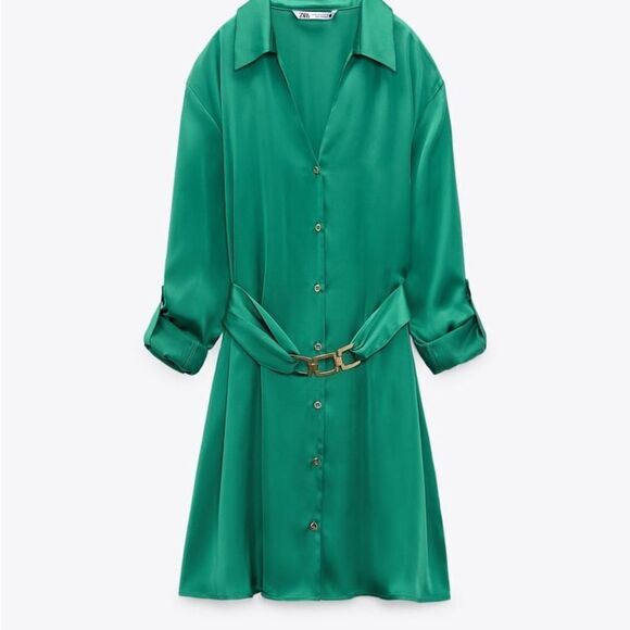 Zara Belted Satin Effect‎ Shirt Dress Green S NWT - Picture 6 of 12